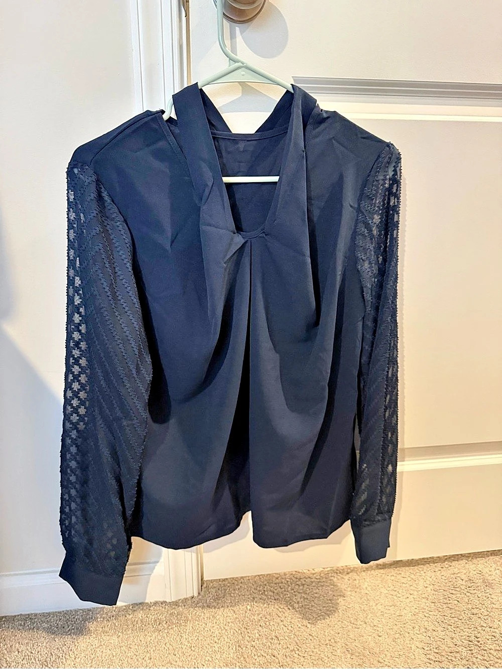 Navy Lace Sleeve Tie Neck Blouse